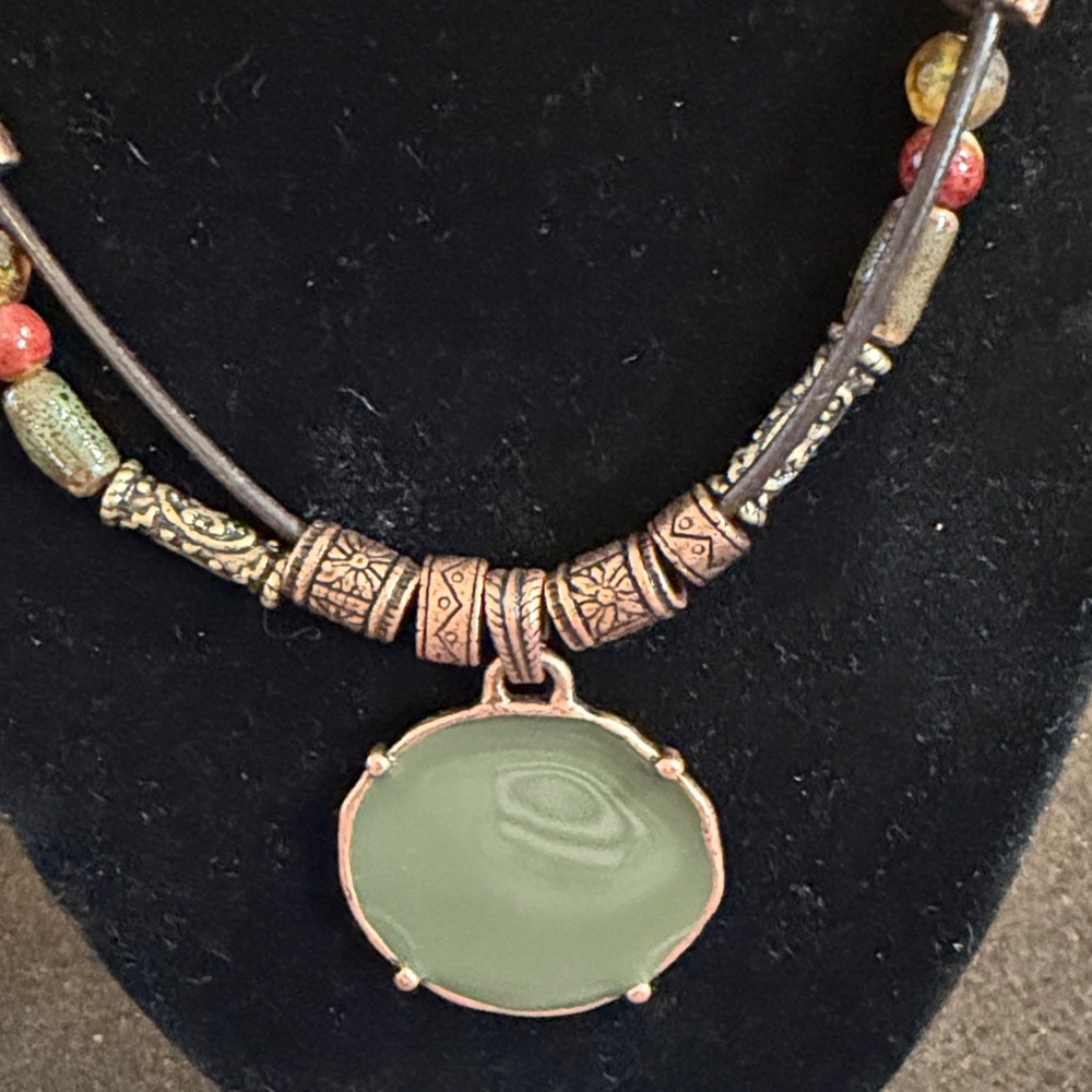 Chico's Olive Green Stone Pendant Necklace with Copper Accents - Picture 2 of 4